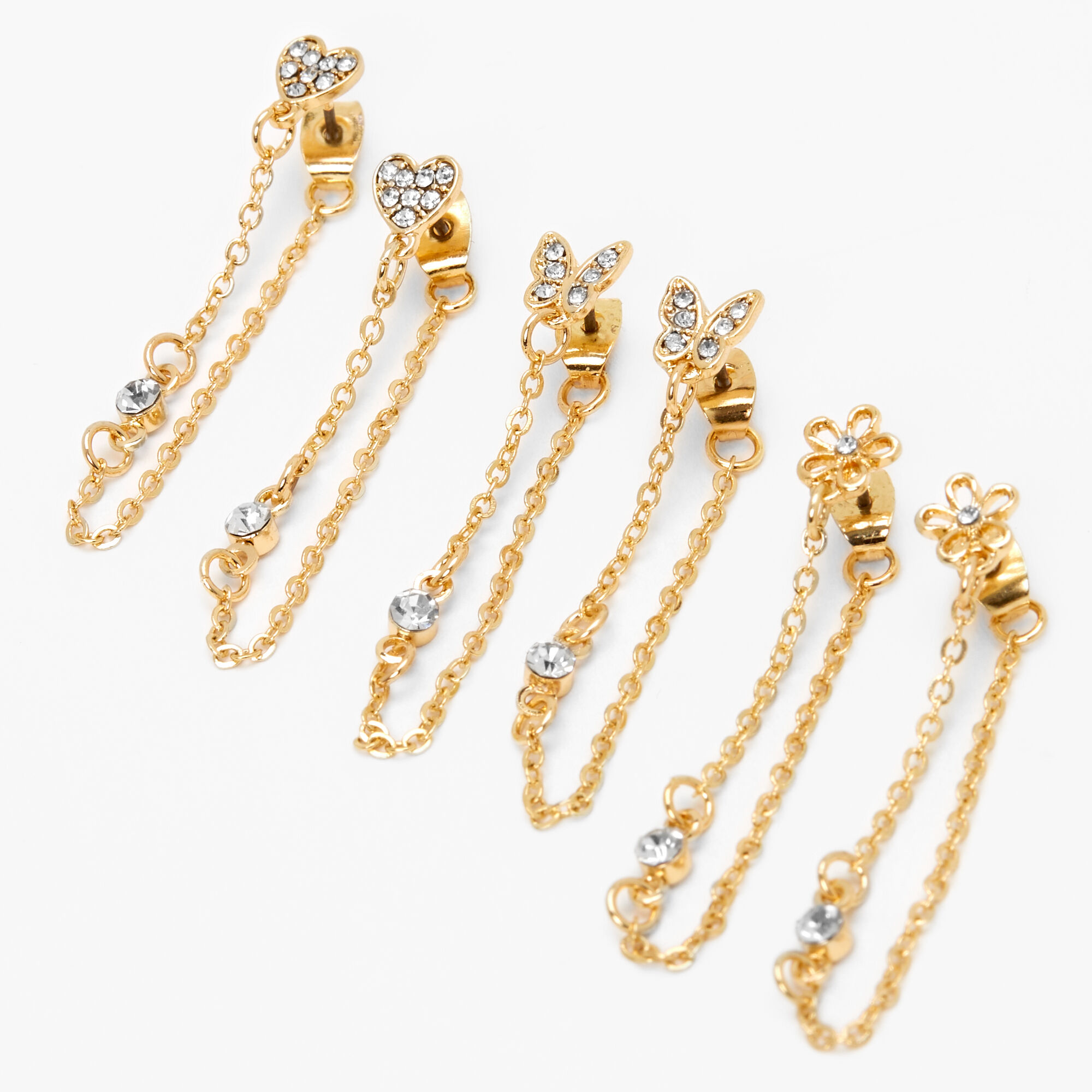Gold 1.5" Butterfly, Flower & Heart Front and Back Chain Drop Earrings - 3 Pack,