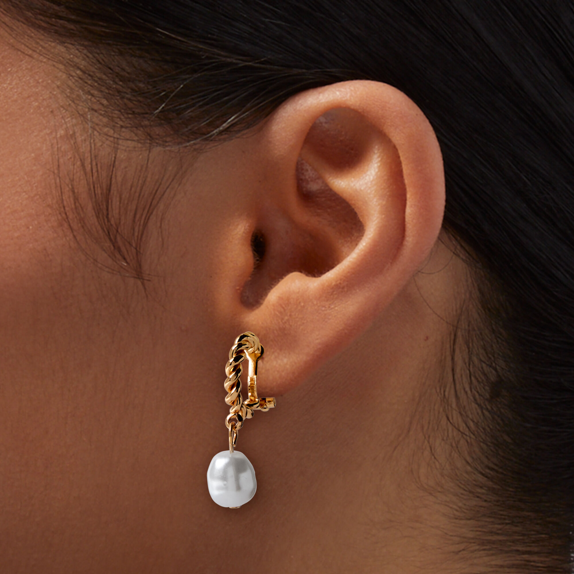 Pearl Gold tone Twist Hoop Clip On Earrings Claire s US
