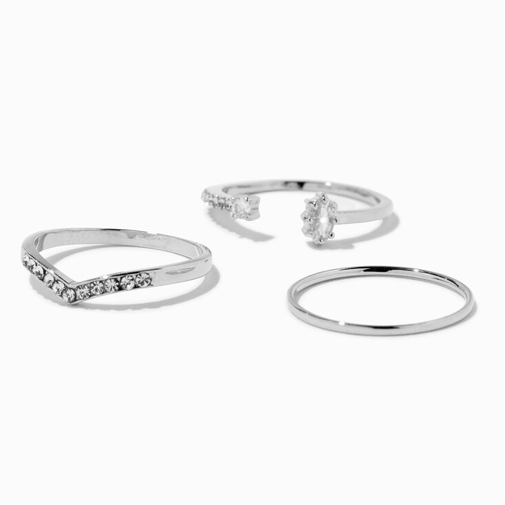Silver-tone Cubic Zirconia Chevron Ring Set - 3 Pack,