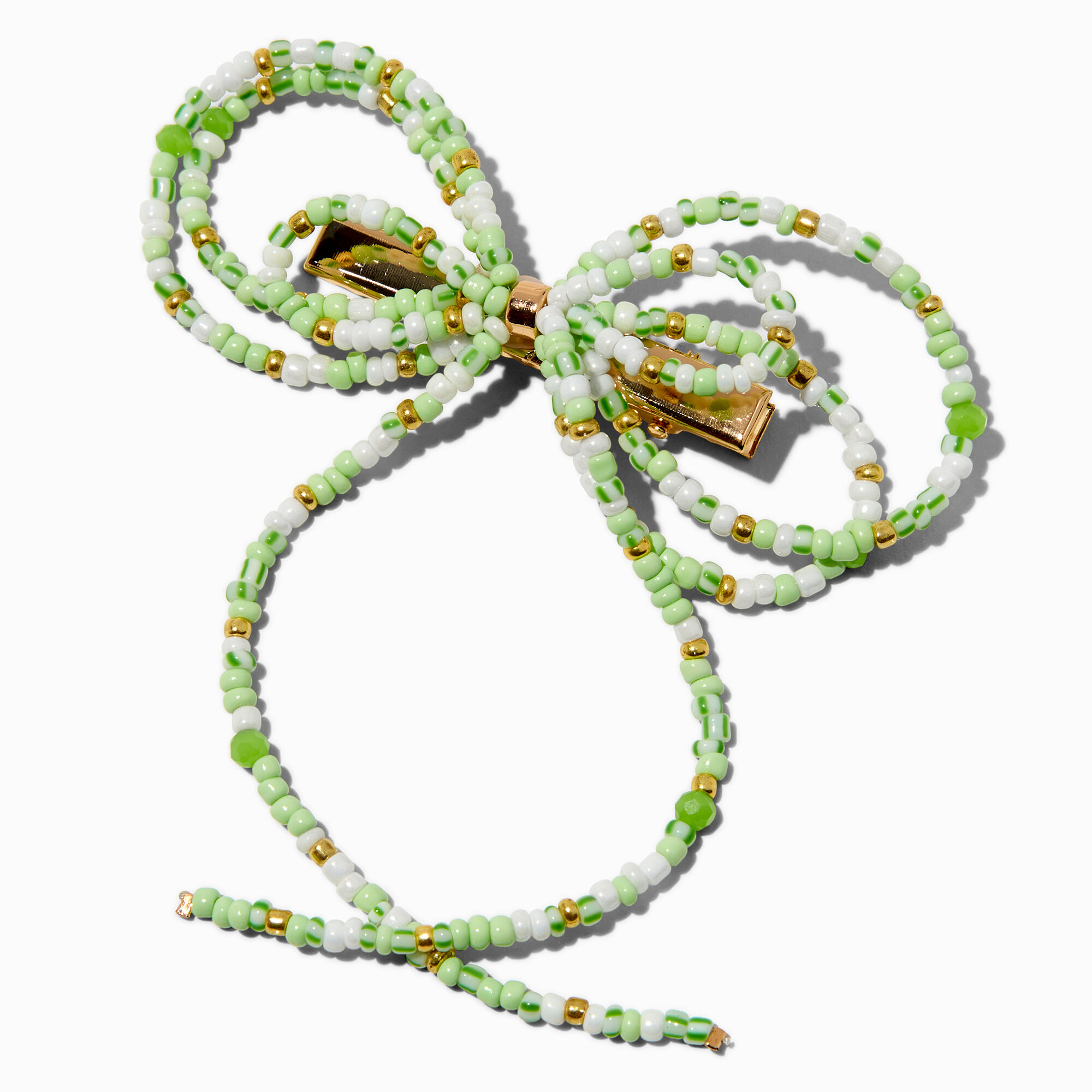 View Claires Light Beaded Long Tail Bow Hair Clip Green information