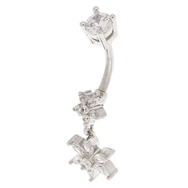 Silver 14G Flower Dangle Belly Ring,