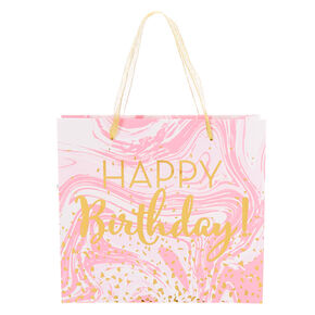 Sac cadeau effet marbr&eacute; Joyeux Anniversaire taille moyenne - Rose,