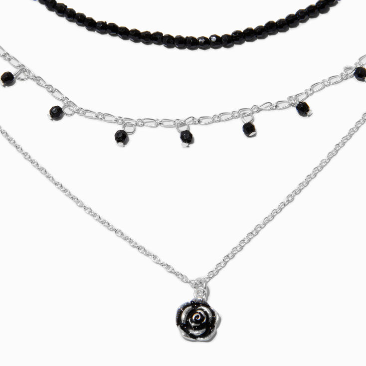 Silver-tone Rose Black Beaded Multi-Strand Necklace