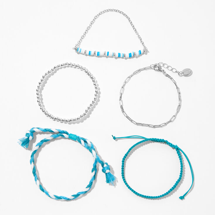Bracelets tress&eacute;s et perl&eacute;s couleur argent&eacute;e et bleus - Lot de 5,