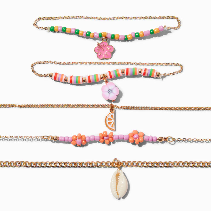Gold Summer Charm Beaded Chain Bracelets - 5 Pack,