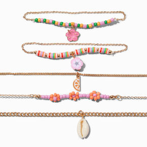 Gold Summer Charm Beaded Chain Bracelets - 5 Pack,