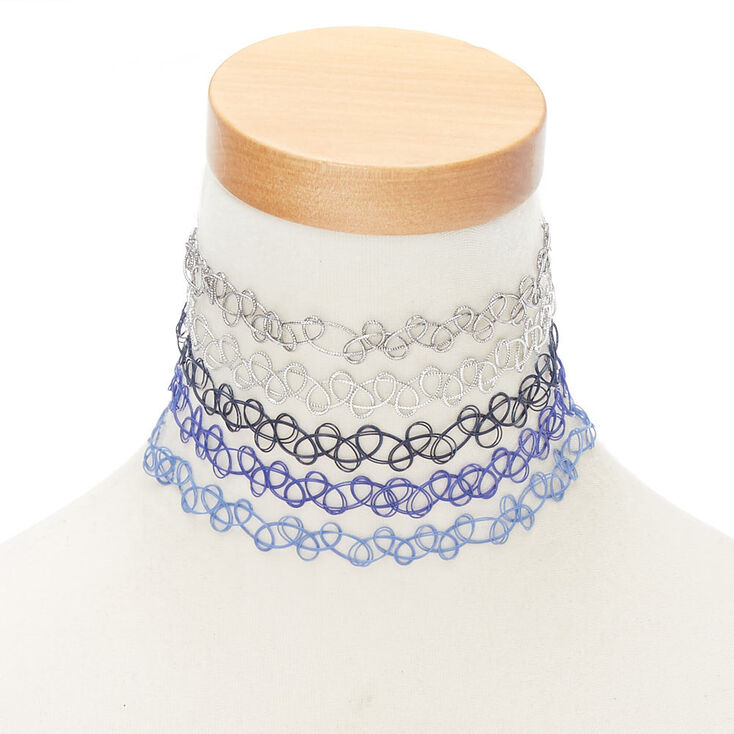 Tattoo Choker Necklaces - Blue, 5 Pack,