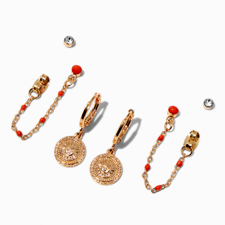 Gold-tone Sunburst Coin Orange Chain Earring Stackables Set - 3 Pack,