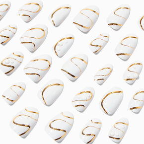 Gold Squiggle &amp; Pearl Short Almond Vegan Faux Nail Set - 24 Pack,