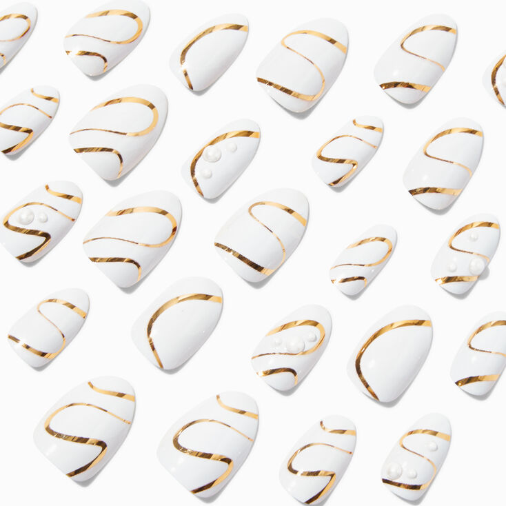Gold Squiggle &amp; Pearl Short Almond Vegan Faux Nail Set - 24 Pack,