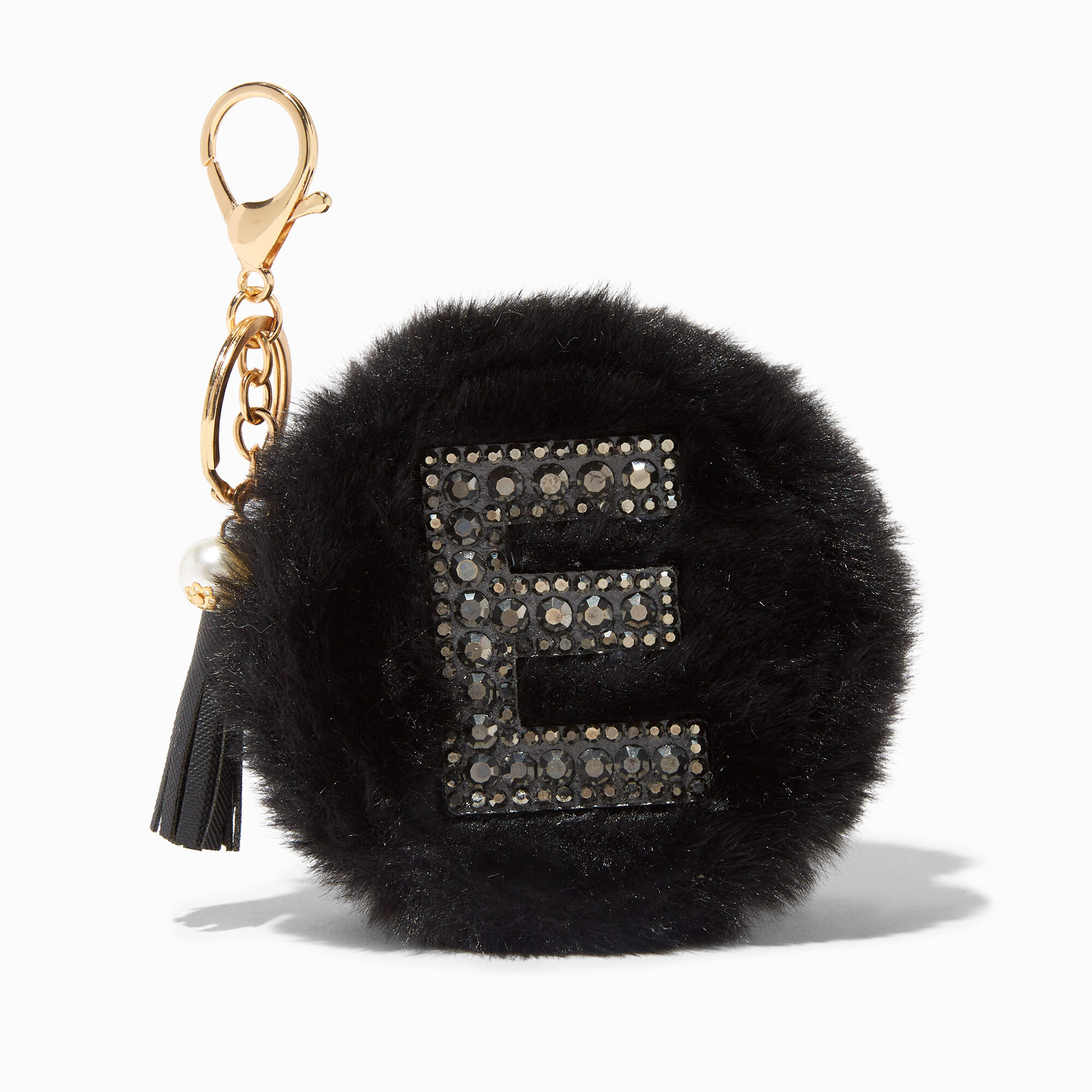 Black Furry Pearl Initial Coin Purse Keychain - E,