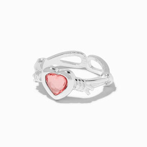 Pink Heart Silver-tone Barbed Wire Ring ,