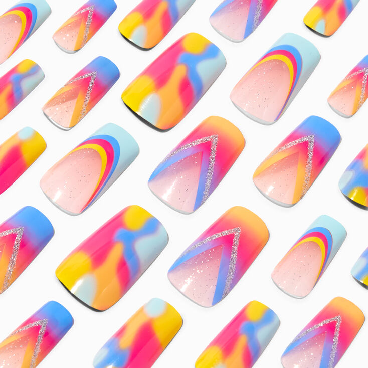 Neon Multicolored Glitter Long Square Vegan Faux Nail Set - 24 Pack,