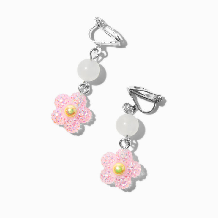 UV Color-Changing Pink Daisy Clip-On Drop Earrings,