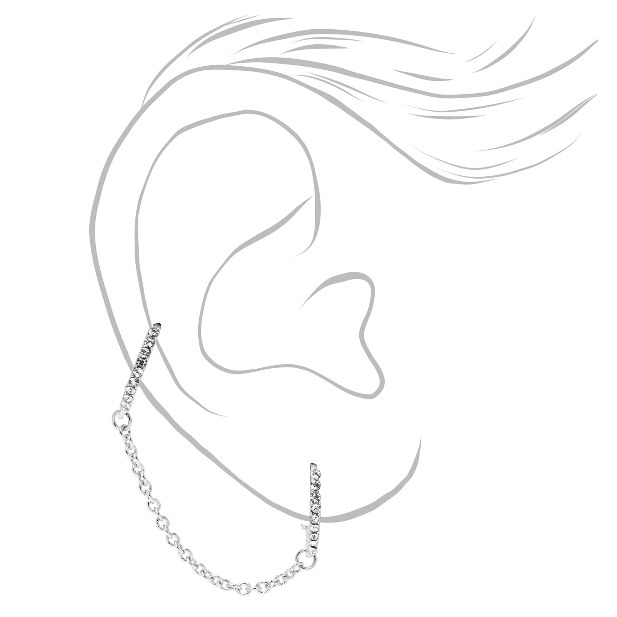 Silver Embellished Connector Chain Huggie Hoop Earrings,