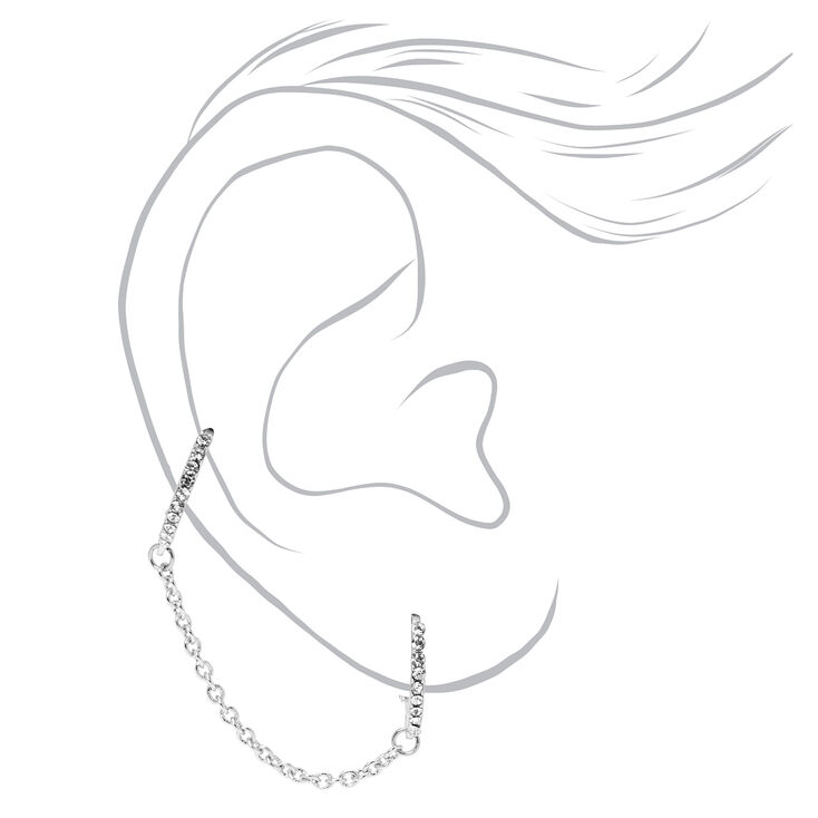 Silver Embellished Connector Chain Huggie Hoop Earrings,
