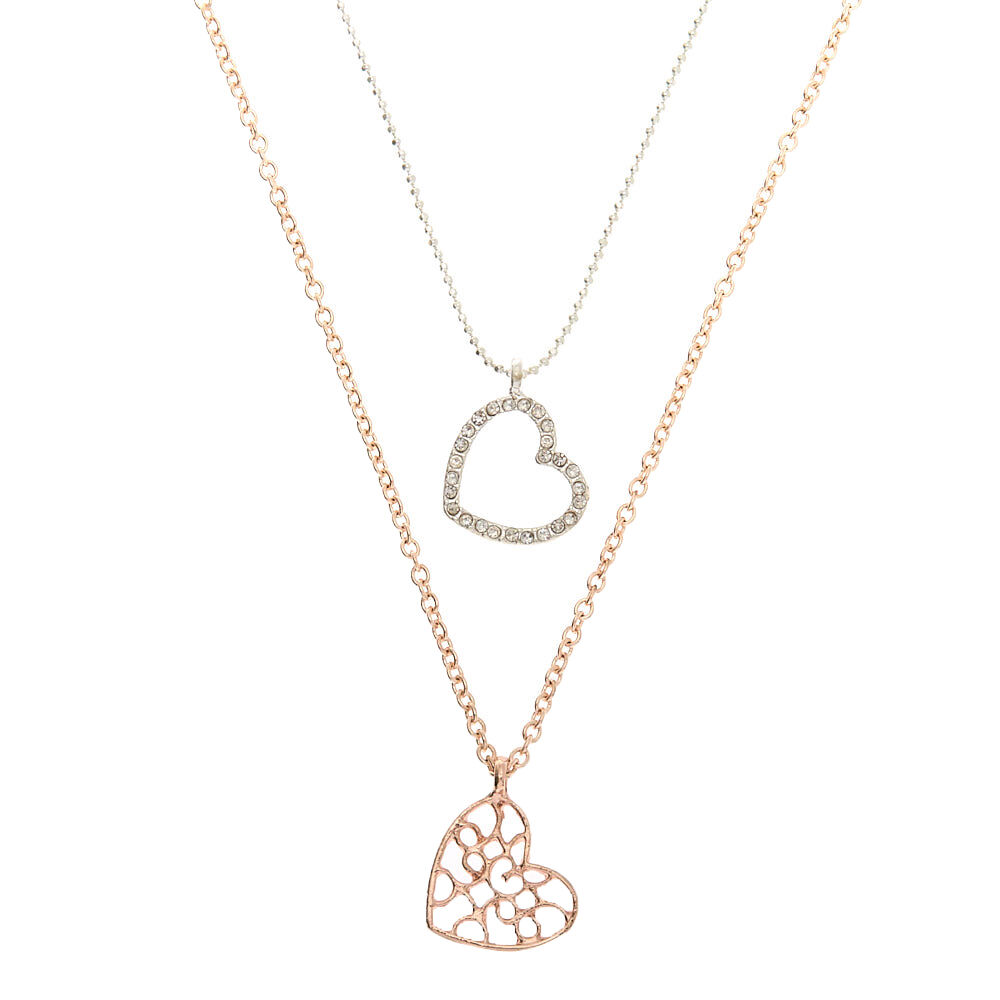 Mixed Metal Filigree Heart Pendant Necklaces - 2 Pack,