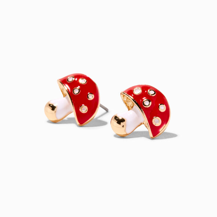Red Mushroom Embellished Gold Stud Earrings,