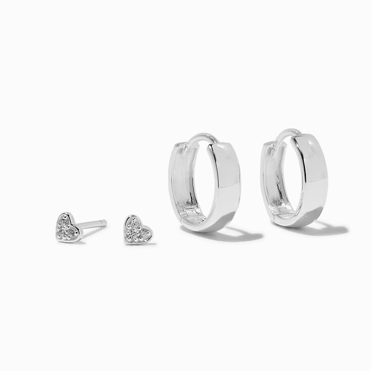C LUXE by Claire&#39;s Sterling Silver Crystal Heart Stud &amp; 10mm Clicker Hoop Earrings - 2 Pack,
