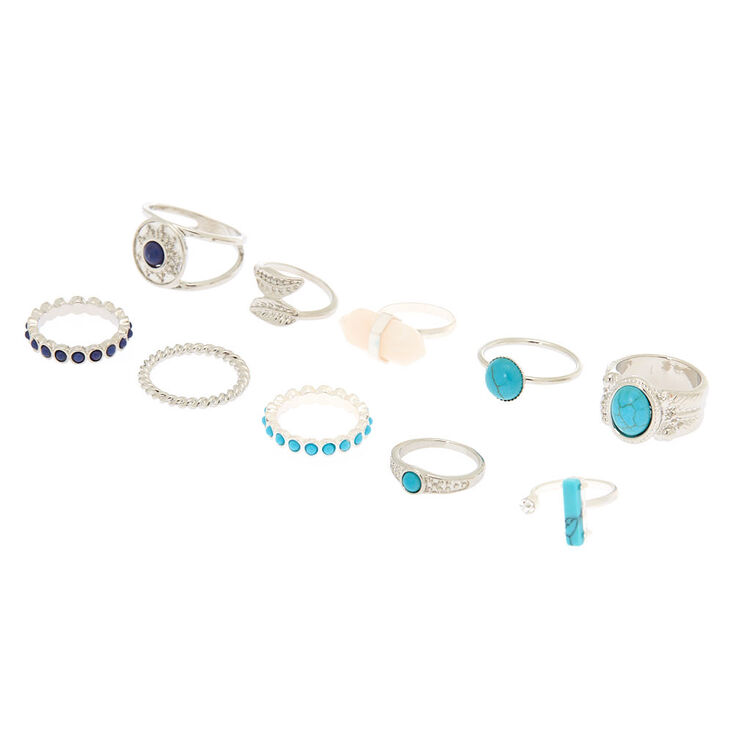Claire's Lot de 10 bagues avec pierre en turquoise d’imitation couleur argenté