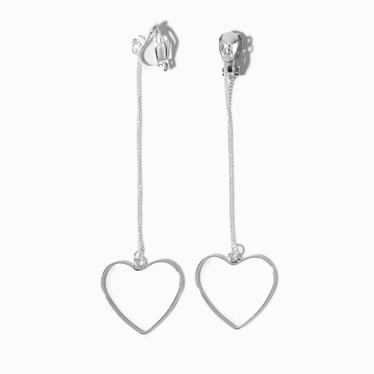 Silver-tone Linear Heart Clip-On Drop Earrings,