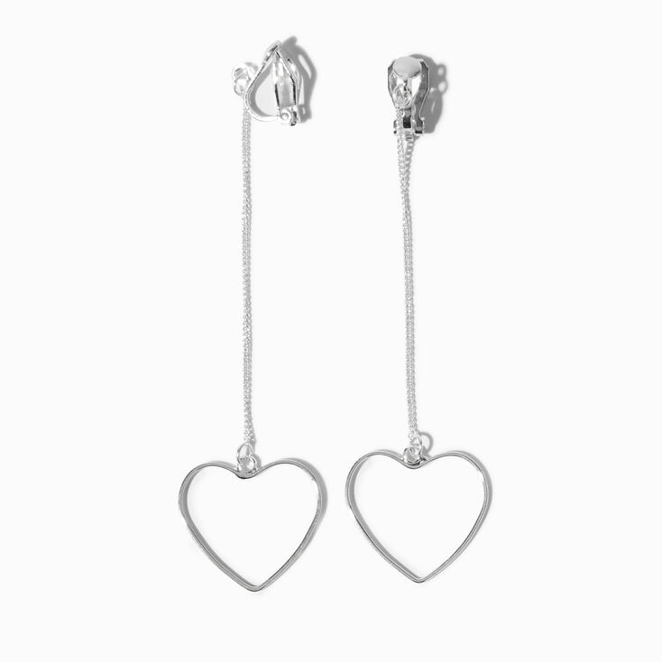 Silver 3&quot; Heart Linear Clip-On Drop Earrings,