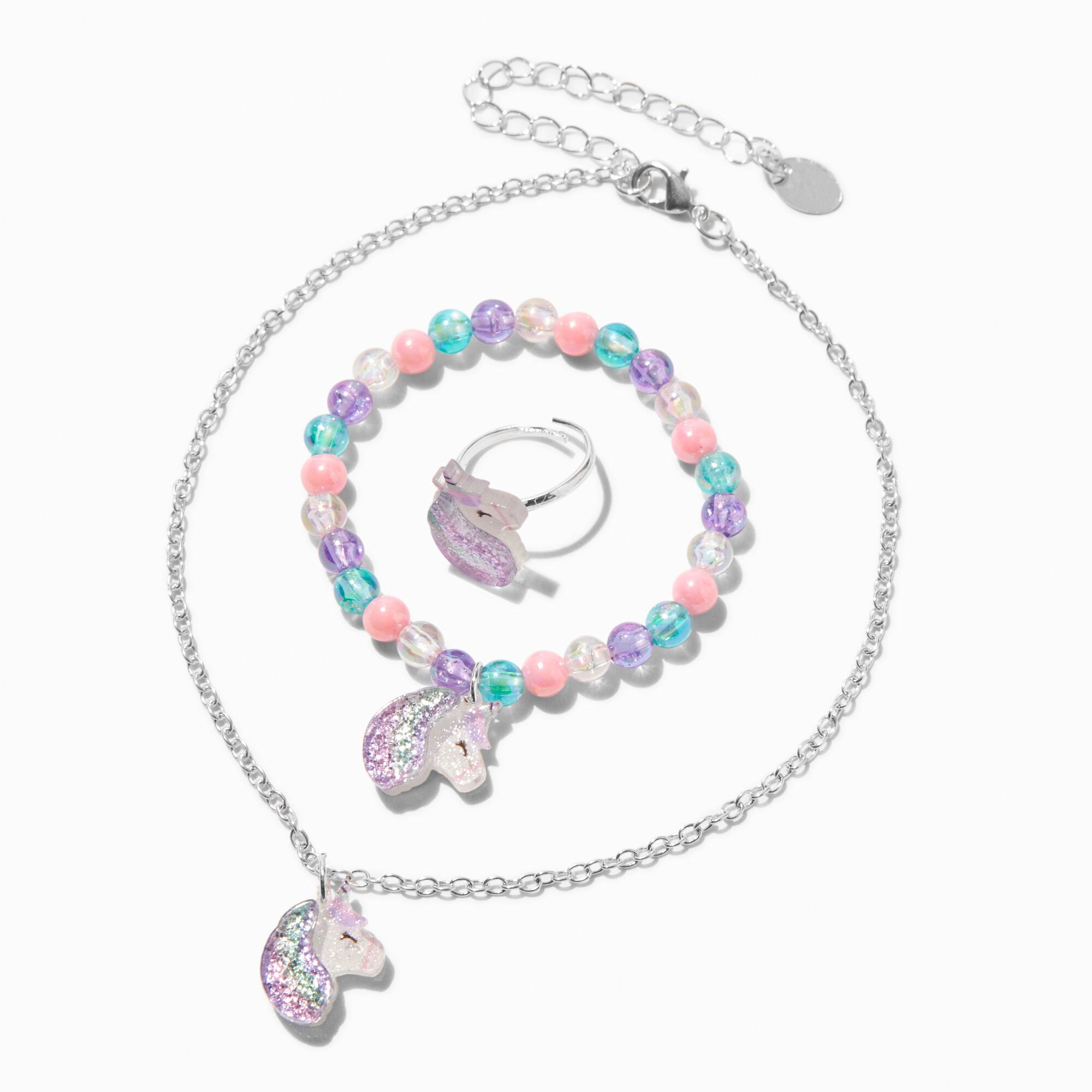 View Claires Club Tone Pastel Unicorn Jewelry Set 3 Pack Silver information