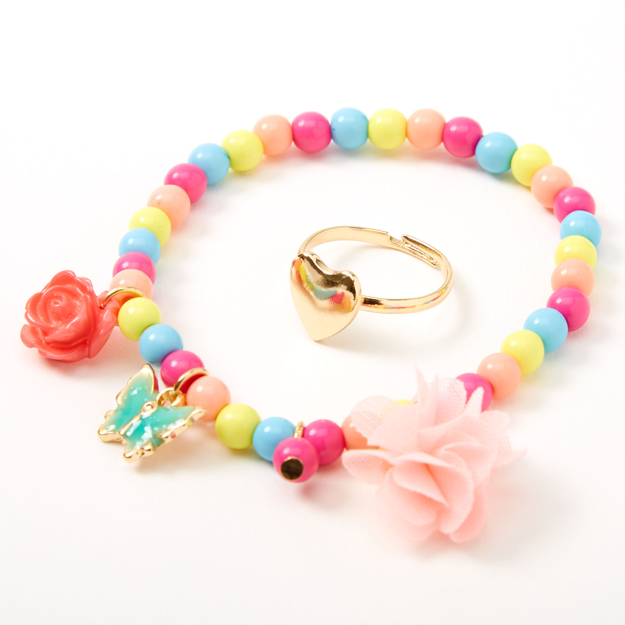Parure de bijoux perlée arc-en-ciel roses et papillons Claire's Club - Lot de 3,