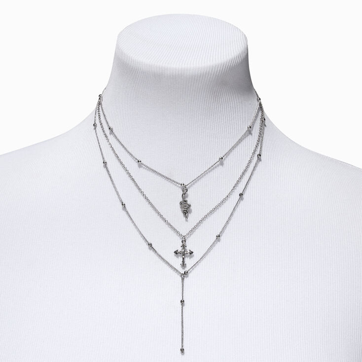 Burnished Silver Cross &amp; Snake Multi-Strand Y Necklace,