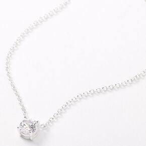 Silver-tone Cubic Zirconia 6MM Single Rhinestone Pendant Necklace,