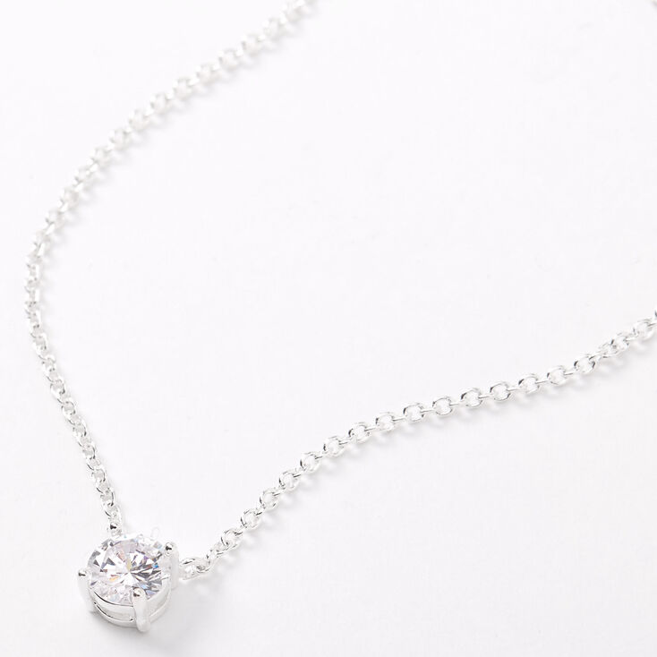 Silver-tone Cubic Zirconia 6MM Single Rhinestone Pendant Necklace,