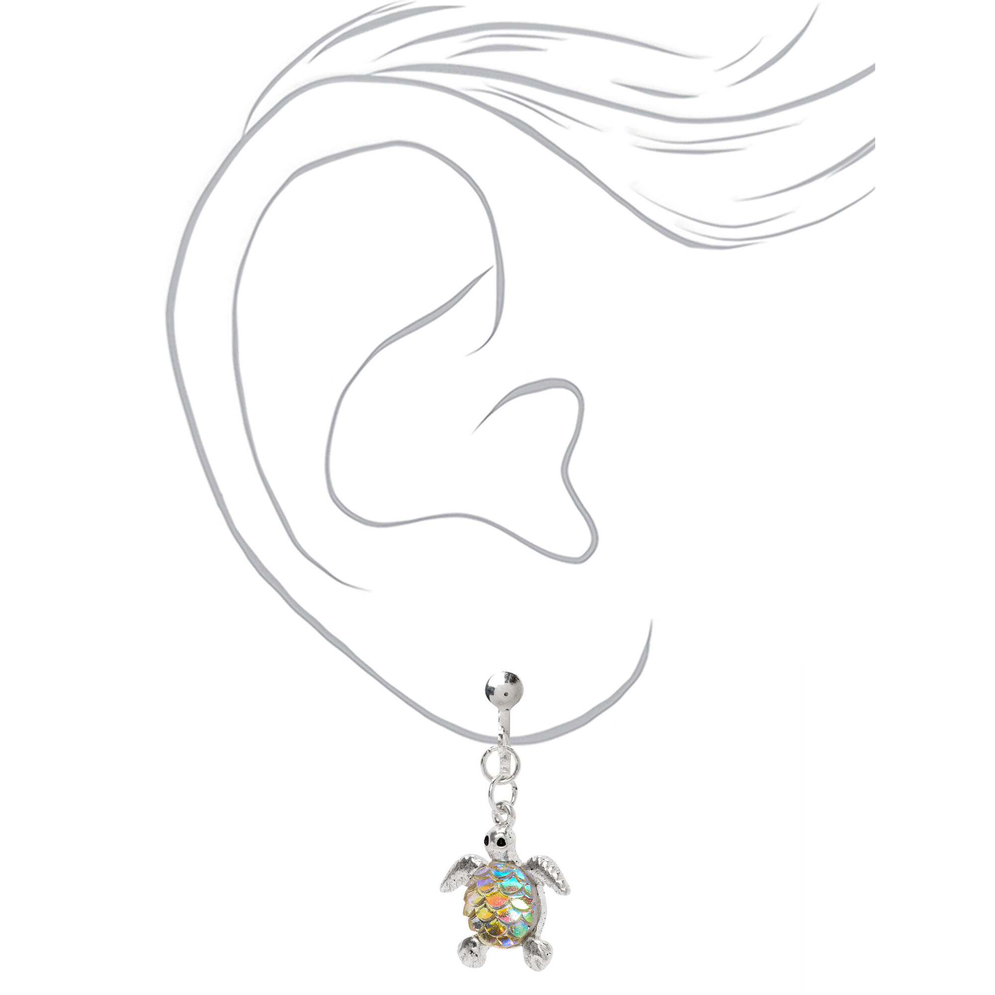 Silver 1" Iridescent Scale Turtle Clip-On Drop Earrings,