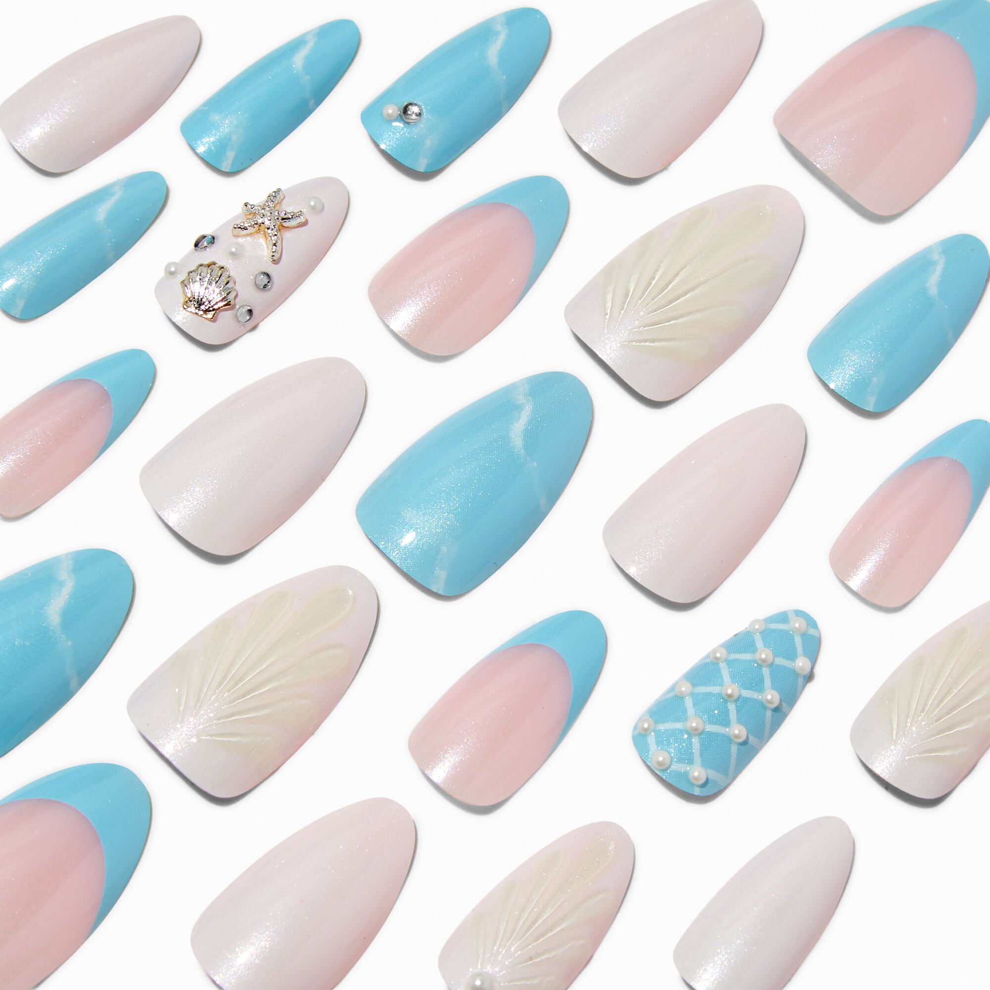 Blue Mermaid Almond Vegan Faux Nail Set - 24 Pack,