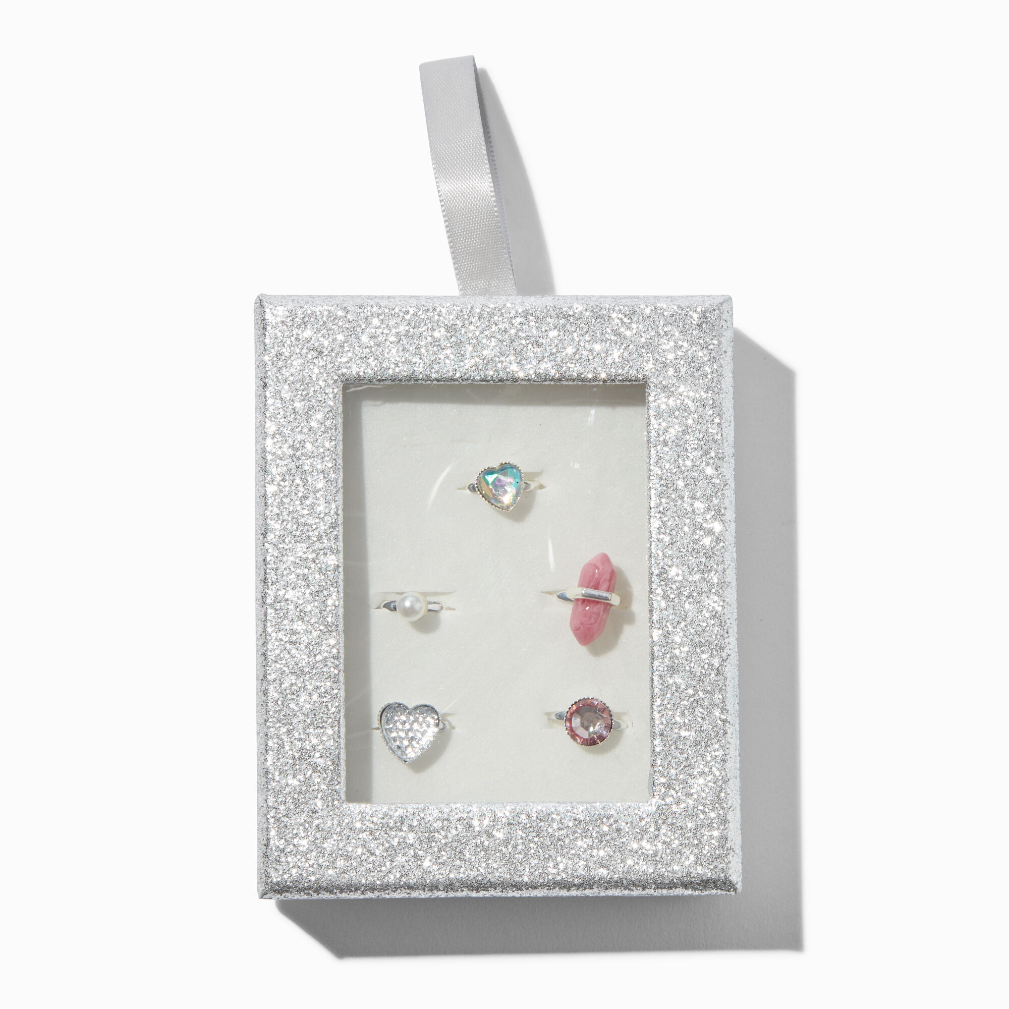 Claire's Club Silver Glitter Box Rings - 5 Pack,