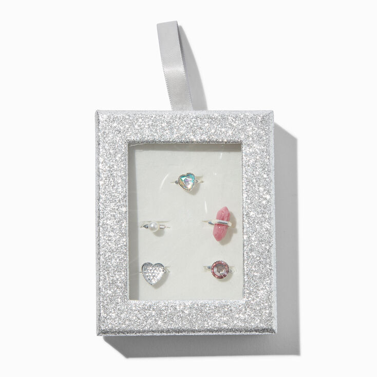 Claire&#39;s Club Silver Glitter Box Rings - 5 Pack,