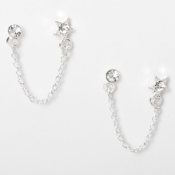 Silver Embellished Star Connector Chain Stud Earrings,