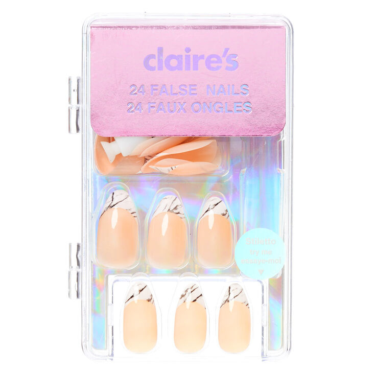 Marble French Tip Stiletto Faux Nail Set - 24 Pack,