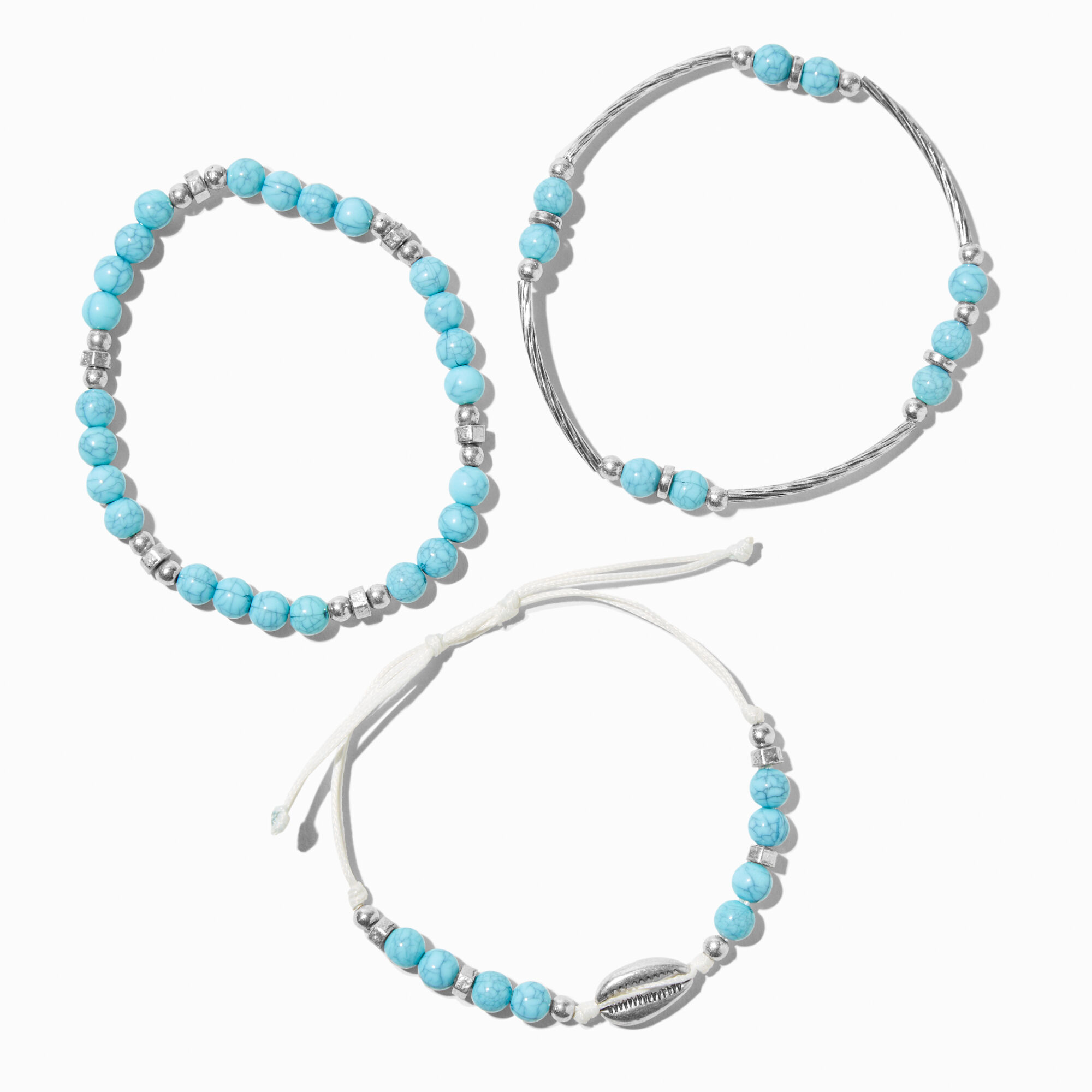 View Claires Beaded Cowrie Seashell Bracelet Set 3 Pack Turquoise information