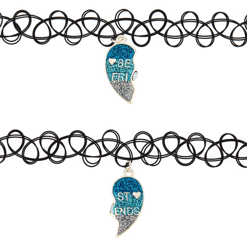 Lot de 2 ras-de-cou effet tatouage avec cœur bleu à paillettes best friends,