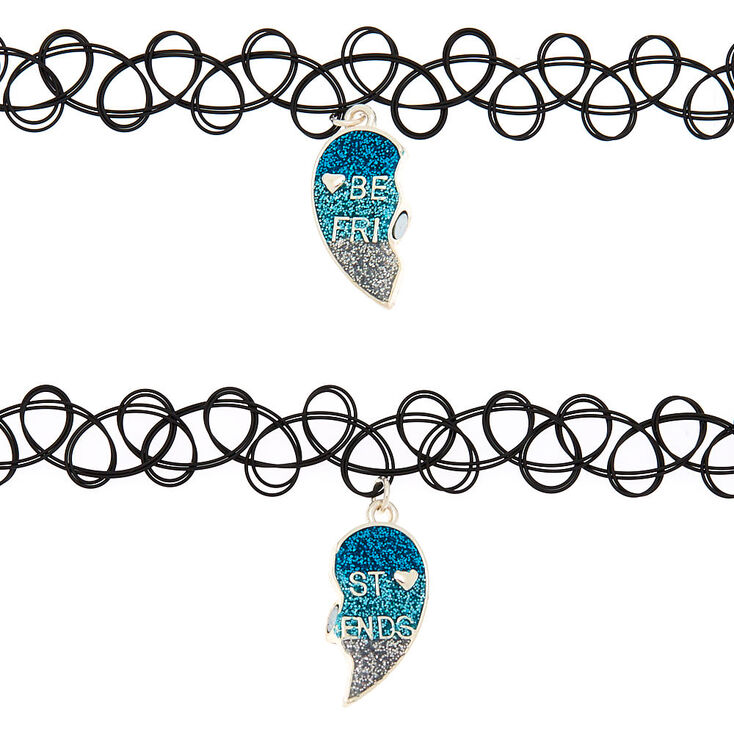 Best Friends Glitter Heart Tattoo Choker Necklaces - Blue, 2 Pack,