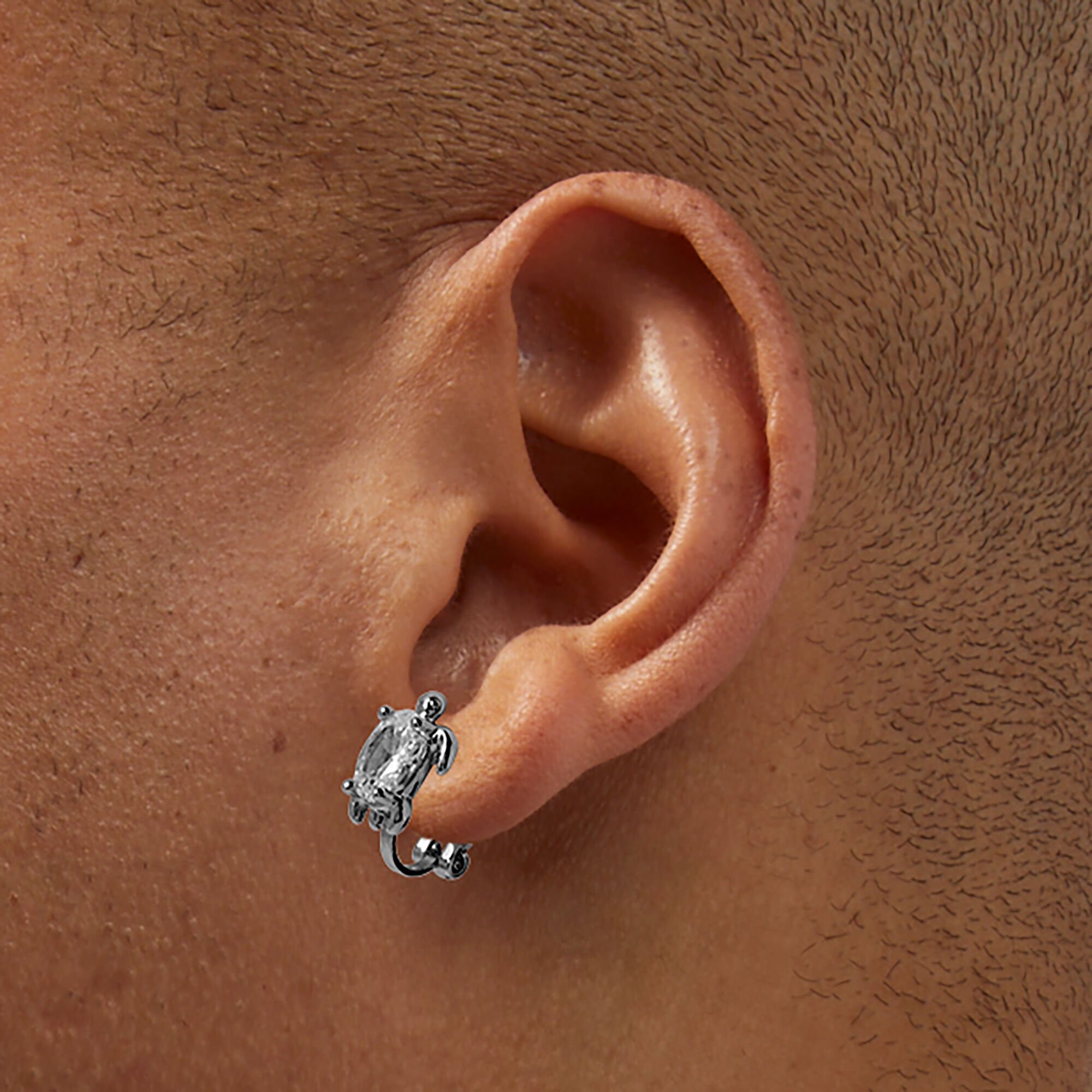 Silver-tone Cubic Zirconia Turtle Clip-On Stud Earrings,