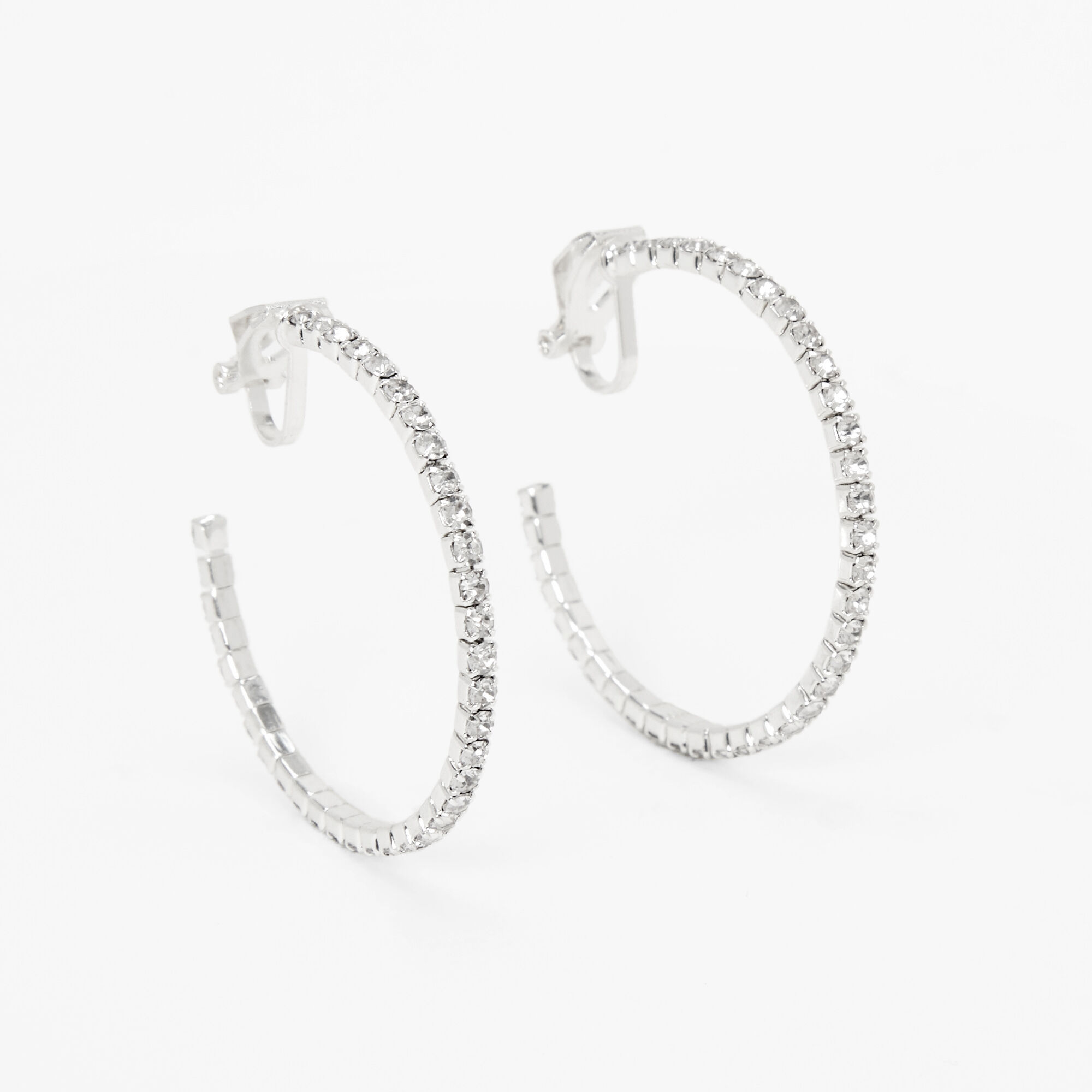 Silver 30MM Crystal Hoop Clip On Earrings