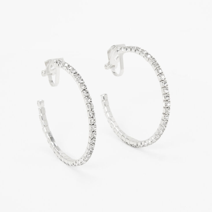 Silver 30MM Crystal Hoop Clip On Earrings,