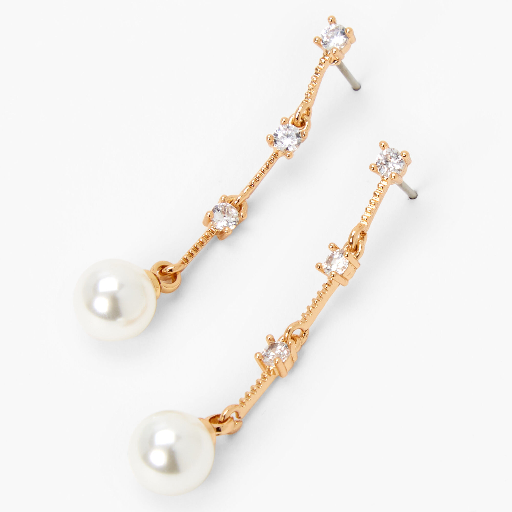 Gold Pearl & Rhinestone 2" Linear Drop Earrings,