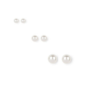 White Pearl 6mm, 7mm, &amp; 8mm Stud Earrings - 3 Pack,
