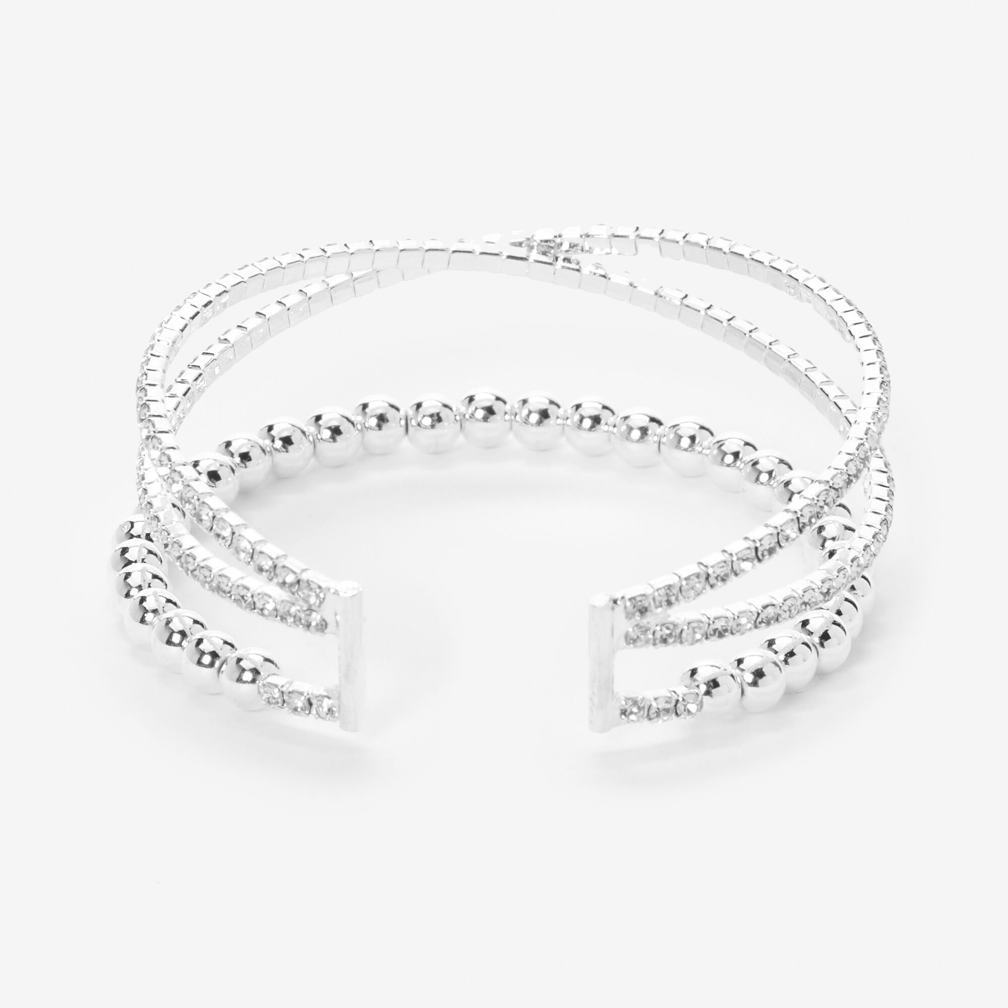 Silver Rhinestone Criss Cross & Bead Cuff Bracelet,