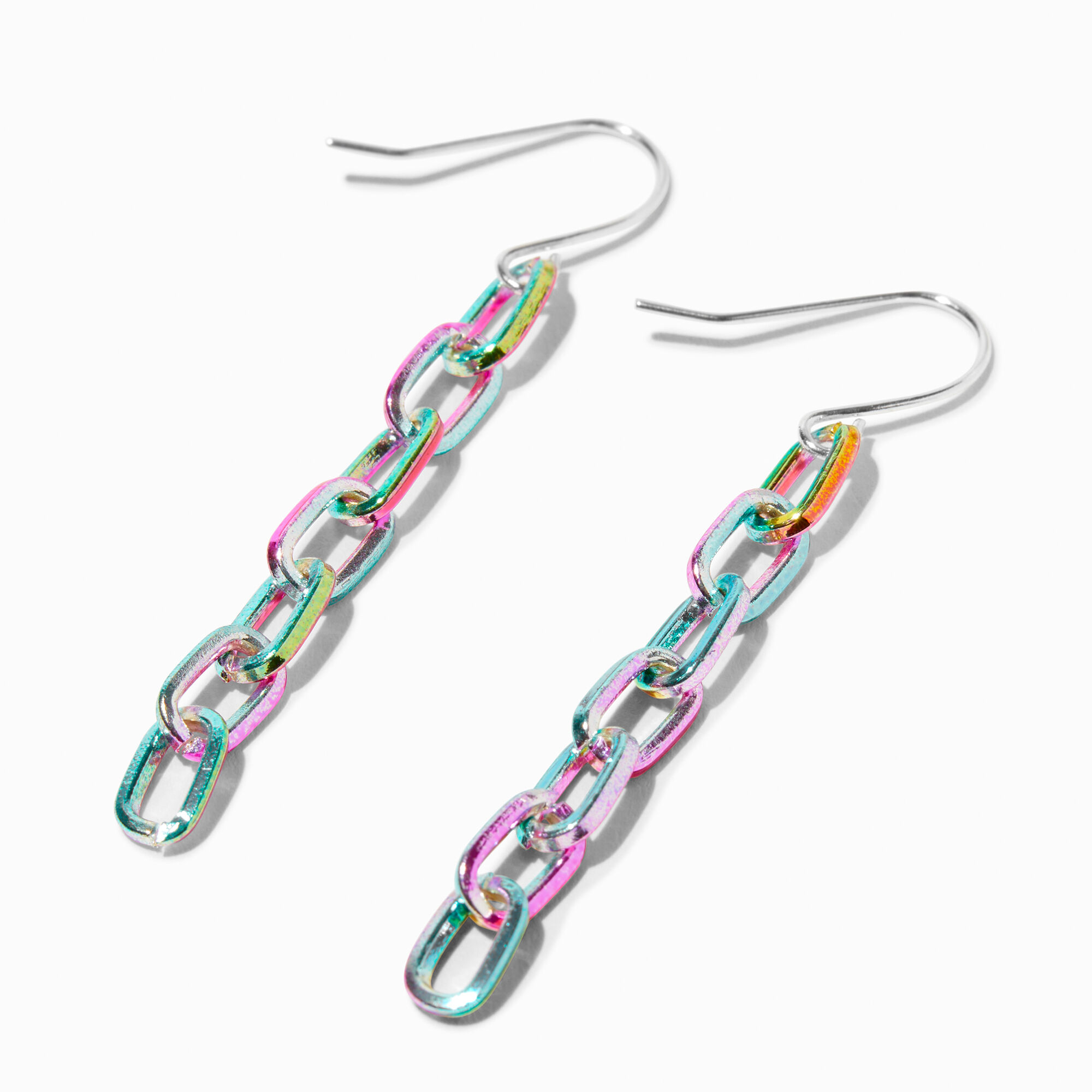 View Claires Rainbow Anodized Chain 2 Drop Earrings Silver information
