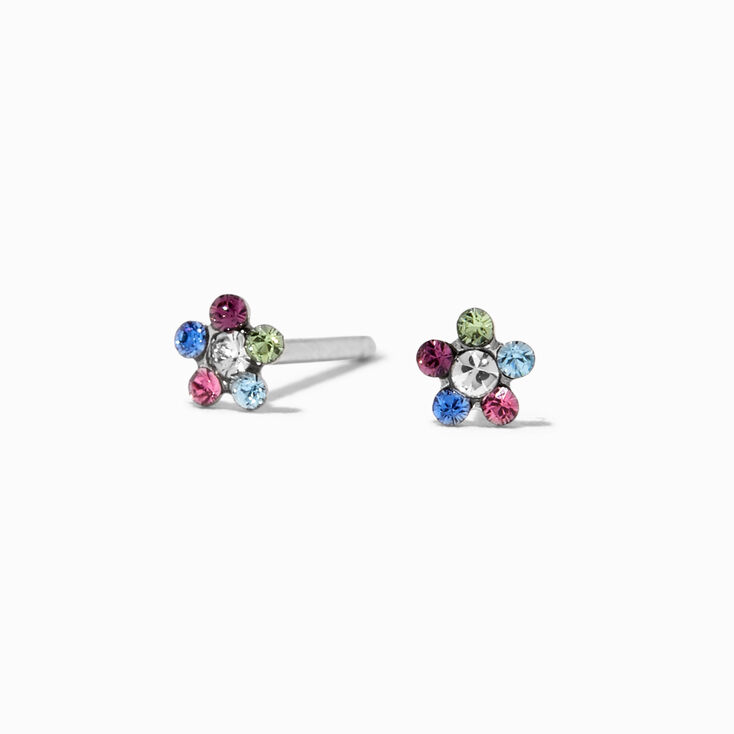 14kt White Gold Rainbow Daisy Studs Baby Ear Piercing Kit with Ear Care Solution,