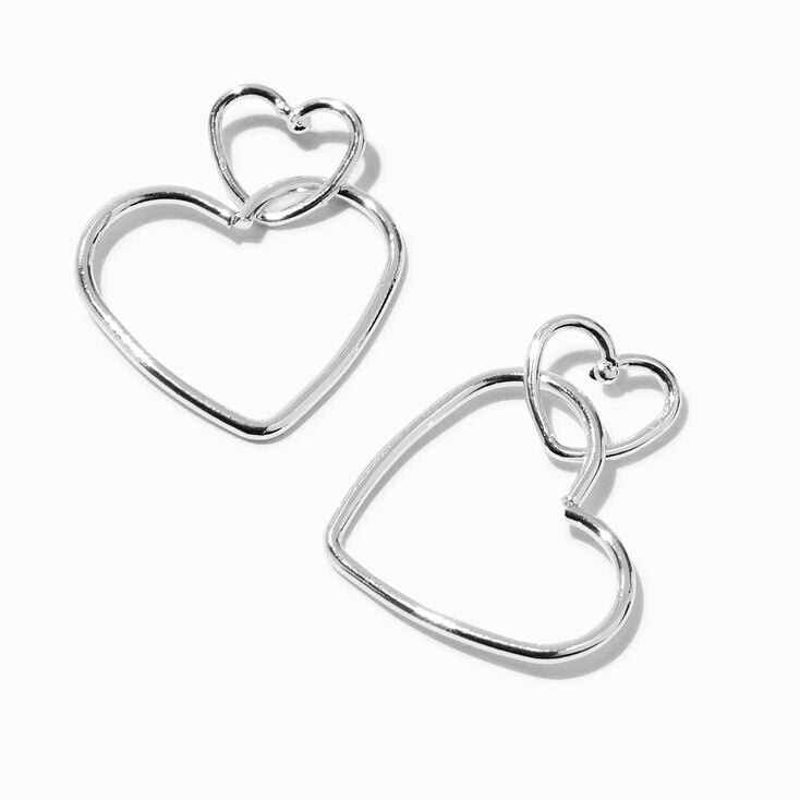 Silver-tone Double Heart Outline 2&quot; Drop Earrings,