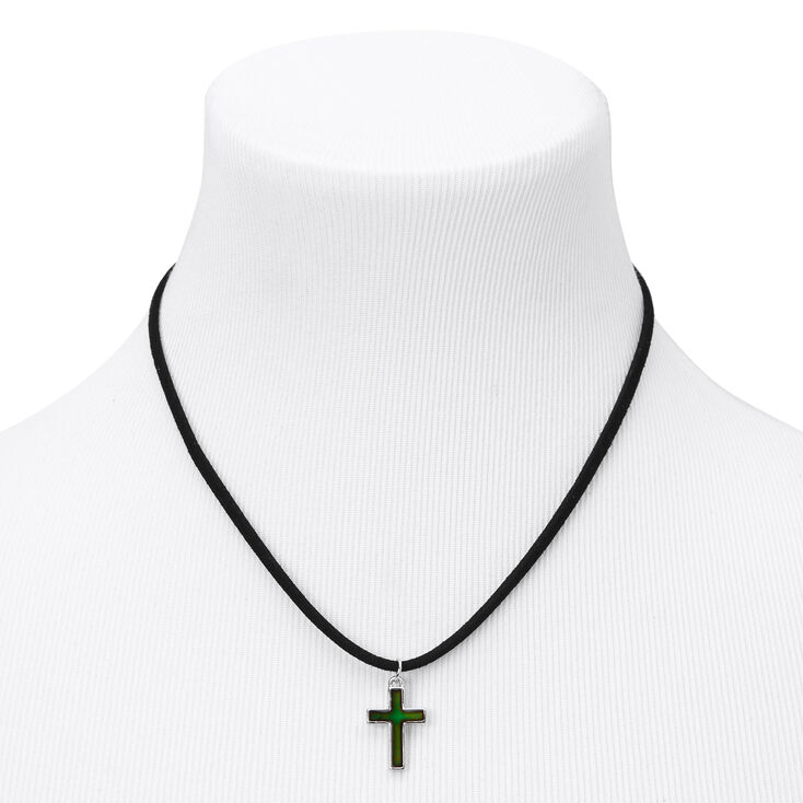 Silver Mood Cross Cord Pendant Necklace - Black,